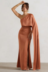 Rust Satin Asymmetric Cape-Sleeve Split Maxi Dress